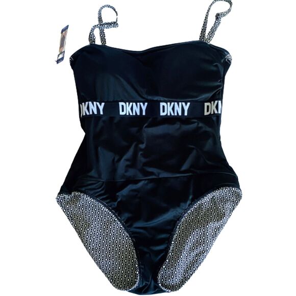 NWT DKNY Womens One Piece Swimsuit Black White Strapless Option Built In Bra XXL - Picture 4 of 12